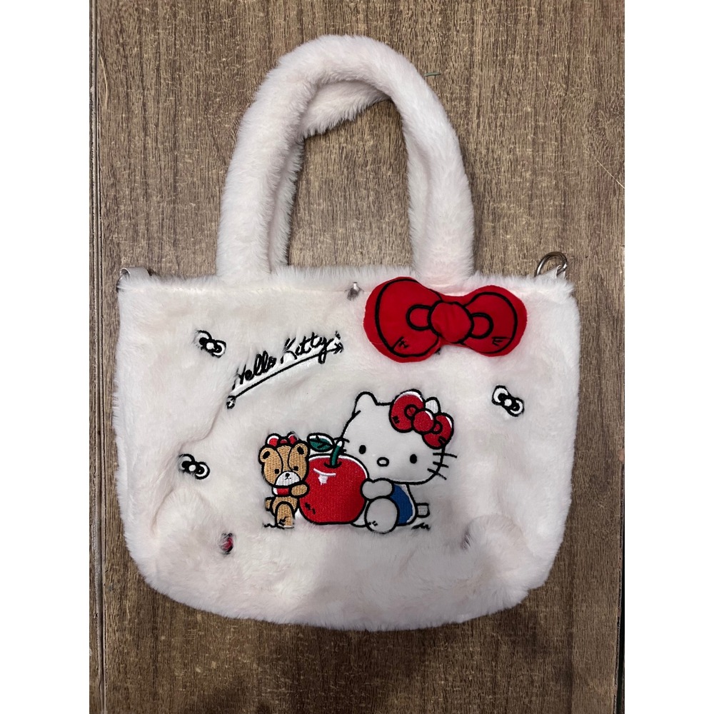 Hello Kitty Mini White Fuzzy Tote With Bow Missing Crossbody Strap Sanrio Kawaii